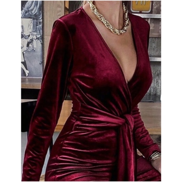 Luxe Burgundy Velvet Plunging Neck Straight Leg Jumpsuit - Picture 5 of 5